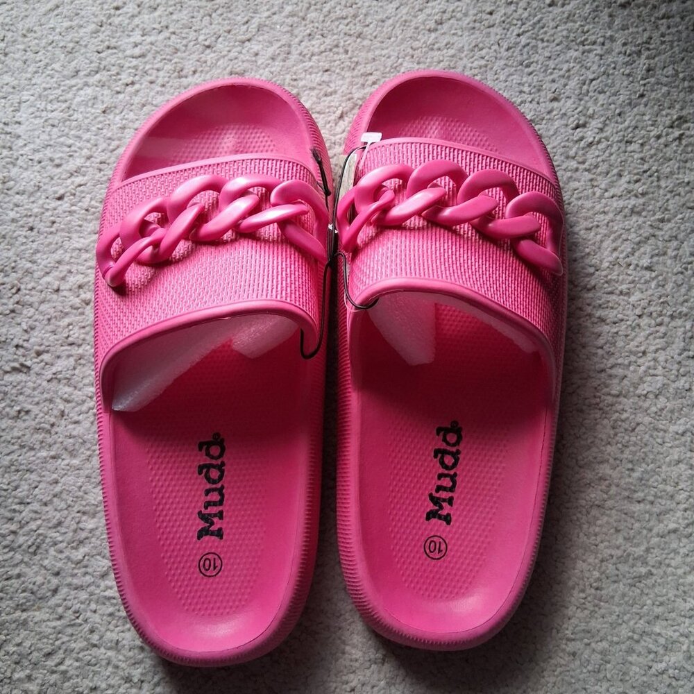 Women's Mudd Aloha Sandals Slides Pink Chain Accent sz 10